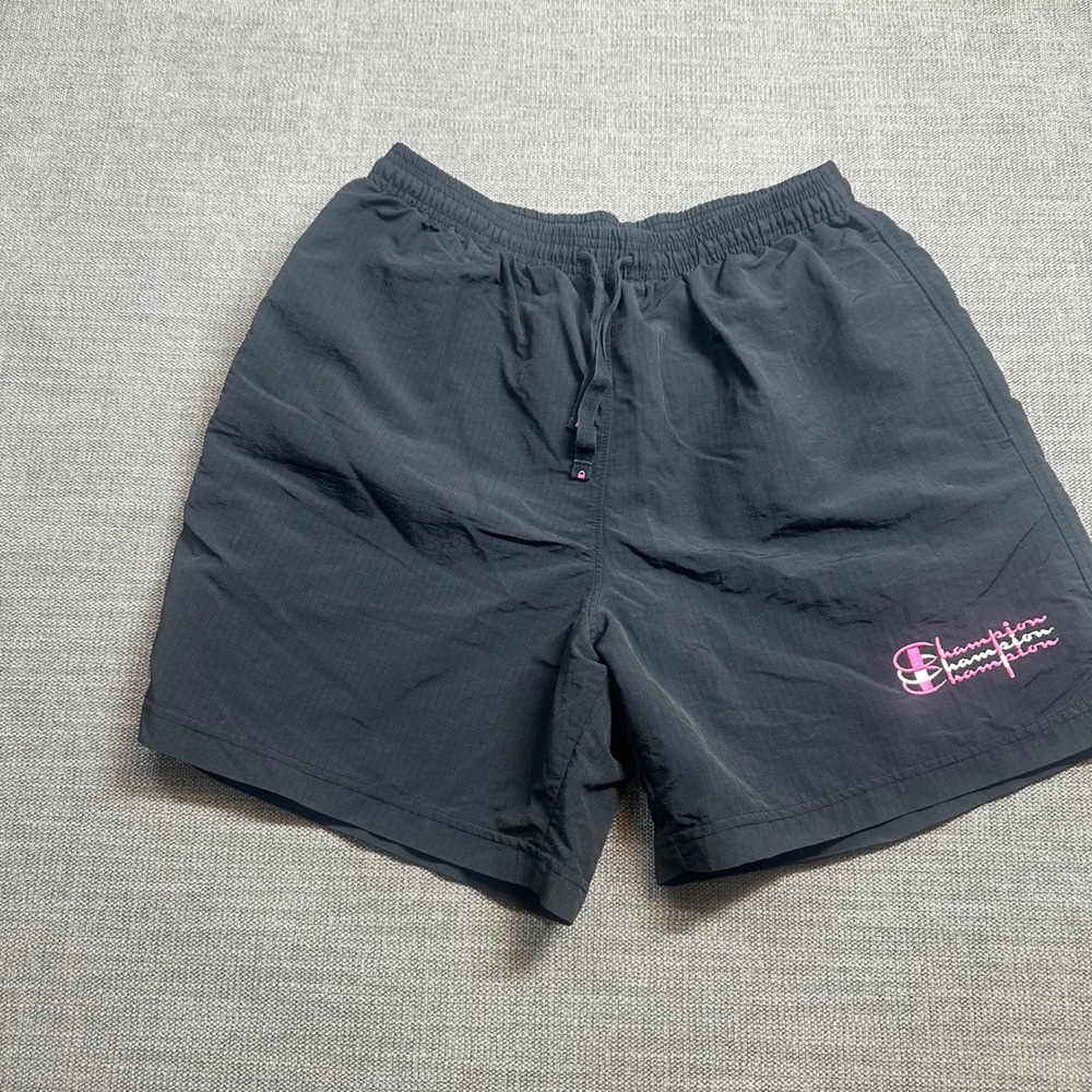 Champion Ripstop Shorts Mens Medium Black  Embroidered Logo Pink Drawstring‎